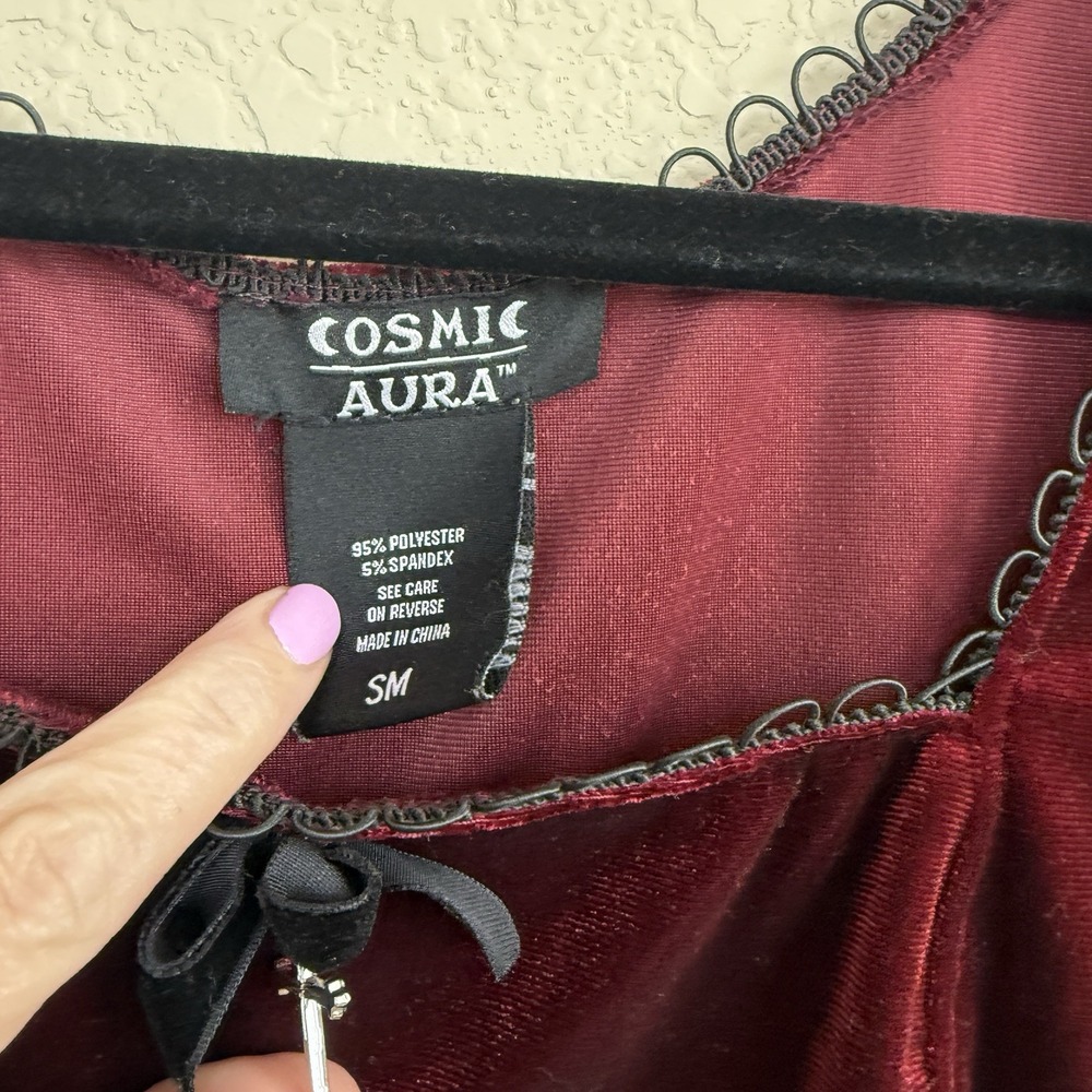 Cosmic Aura Red Velvet Puff Sleeve Crop Top Goth Ren Fair Cross Dark Romantic SM - Picture 5 of 6